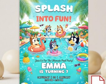 Födelsedagsinbjudan till Bluey Pool Party Canva-mall, utskrivbart kort, digital nedladdning, direkt nedladdning