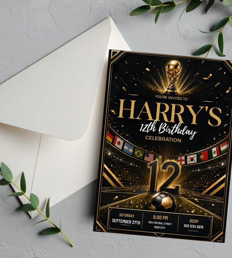 May include: A black and gold birthday invitation card featuring a soccer theme with a trophy, a soccer ball, and the text: YOU'RE INVITED TO HARRY'S 12th Birthday CELEBRATION, 12, SATURDAY SEPTEMBER 27TH, 6:00 PM, 1234 FOOTBALL STREET YOUR CITY, RSVP 020 1234 5678.
