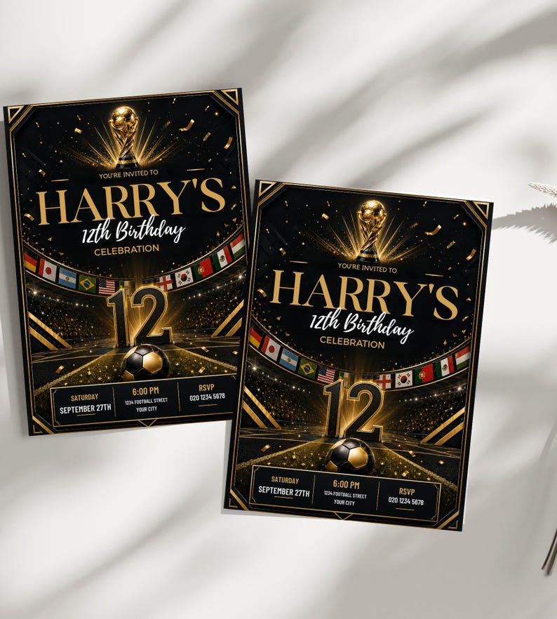 May include: Two rectangular birthday invitation cards featuring a black and gold soccer theme. The text reads "YOU'RE INVITED TO HARRY'S 12th Birthday CELEBRATION" with a golden trophy, a large number 12, a soccer ball, and international flags.