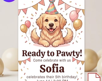 Valpfödelsedagsinbjudan Canva-mall, hundpawty-födelsedagsinbjudan, redigerbar digital nedladdning, mall för födelsedagskortinbjudan