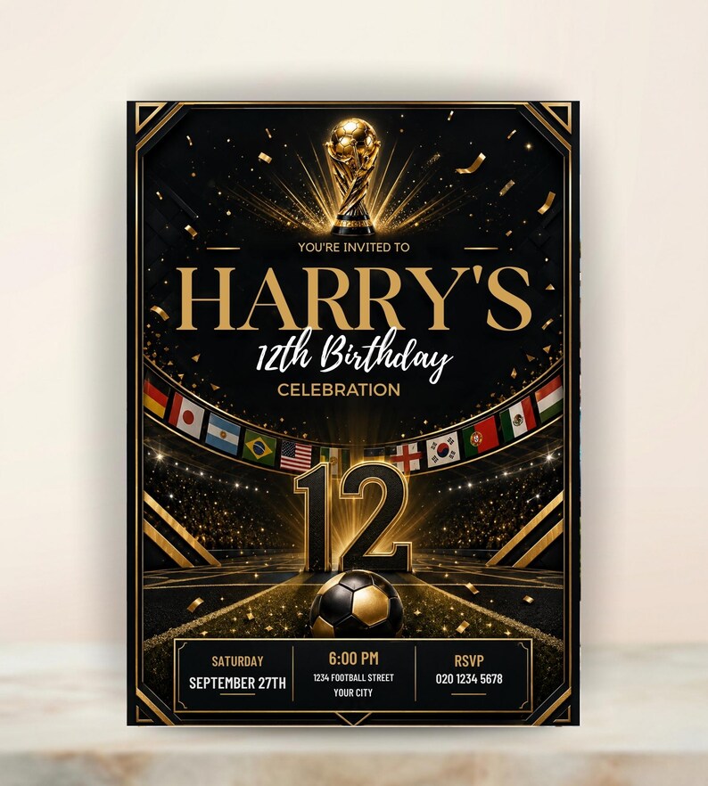 May include: A black and gold birthday invitation card featuring a soccer theme. The text reads: YOU'RE INVITED TO HARRY'S 12th Birthday CELEBRATION. It includes a golden trophy, a soccer ball, international flags, and event details for September 27th.