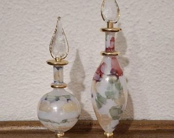Conjunto de 2 frascos de perfume de vidro vintage dos anos 90 – Frascos decorativos para toucador – Decoração retrô para casa