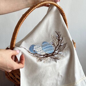 Embroidered Easter Towel "Hnizdechko" – Ukrainian Basket Cover, Spring Linen Runner, Holiday Table Decor