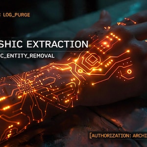 Op de afbeelding: Afbeelding met de tekst "AKASHIC EXTRACTION" en "SYSTEMIC_ENTITY_REMOVAL". De afbeelding toont een hand met gloeiende oranje schakelpatronen en ringen. De tekst "[NODE_05]: LOG_PURGE" en "[AUTHORIZATION: ARCHITECT_ONLY]" zijn ook zichtbaar.