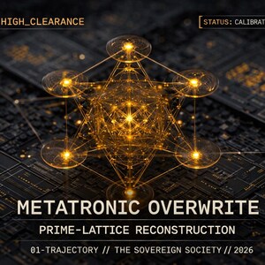 Op de afbeelding: Digitaal kunstwerk met een complex geometrisch ontwerp in goud tegen een donkere achtergrond. De afbeelding bevat de tekst "METATRONIC OVERWRITE" en "PRIME-LATTICE RECONSTRUCTION". Extra tekst geeft "HIGH_CLEARANCE" en "CALIBRATION_REQUIRED" aan.