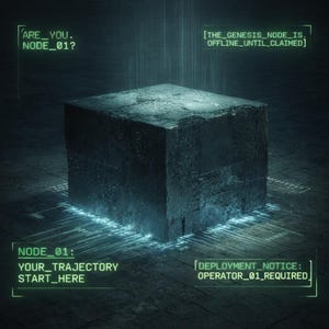 Pode incluir: Um cubo escuro e texturizado com detalhes azuis brilhantes e texto de uma interface futurista. O texto inclui "ARE_YOU. NODE_01?", "THE_GENESIS_NODE_IS. OFFLINE_UNTIL_CLAIMED", "NODE_01: YOUR_TRAJECTORY START_HERE" e "DEPLOYMENT_NOTICE: OPERATOR_01_REQUIRED".