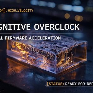 Puede incluir: Un dispositivo rectangular brillante con intrincados circuitos, etiquetado como "COGNITIVE OVERCLOCK" y "NEURAL FIRMWARE ACCELERATION." También se ve el texto "[NODE_04]: HIGH_VELOCITY" y "[STATUS: READY_FOR_DEPLOYMENT]".