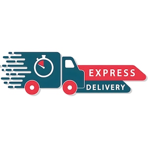 May include: A stylized illustration of a delivery truck in teal and red, with a white clock icon on the side. The truck has red wheels and a white cab. The words "EXPRESS DELIVERY" are in red and teal.
