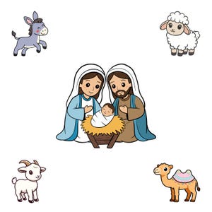 May include: A cartoon illustration of the Nativity scene. Mary and Joseph are depicted with baby Jesus in a manger, surrounded by a donkey, sheep, goat, and camel. The characters are in a colorful, simple style, perfect for holiday-themed crafts.