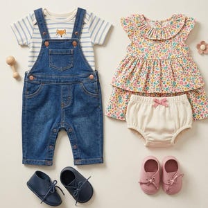 Puede incluir: Un conjunto de ropa de bebé con un peto vaquero, un body a rayas con un motivo de zorro, un vestido floral, bragas, zapatos azules, zapatos rosas y una sonaja de madera. Los artículos están dispuestos sobre una superficie clara.
