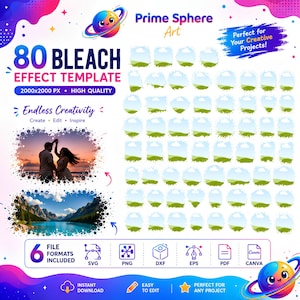 以下が含まれることがあります： 80 BLEACH EFFECT TEMPLATEというタイトルのデジタルグラフィックデザインリソース。緑の風景が描かれた80個の白いスプラッター形状のフレームコレクション。テキストラベル、ファイル形式アイコン、2枚のサンプル写真が含まれています。
