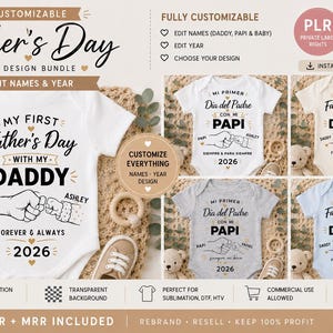 Könnte beinhalten: Ein digitales Design-Paket für Baby-Bodys zum Vatertag mit anpassbarem Text und Grafiken. Die Designs enthalten die Phrasen My First Father's Day With My Daddy, Mi Primer Dia del Padre, Faustschlag-Illustrationen und das Jahr 2026.