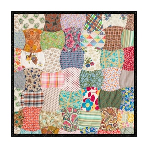 May include: A patchwork quilt composed of numerous fabric pieces in a variety of patterns and colors, including floral, plaid, paisley, and geometric prints. The fabric segments are stitched together in a repeating hourglass or spool shape.