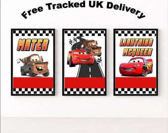 3er-Set A4 Autos Lightning Mcqueen & Mater inspirierte Wandkunst | Kinderzimmer Poster | Spielzimmer Wand Dekor | Matte Kunstdrucke