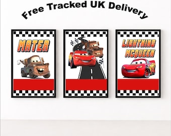 3er-Set A3 Autos Lightning Mcqueen & Mater inspirierte Wandkunst | Kinderzimmer Poster | Spielzimmer Wand Dekor | Matte Kunstdrucke