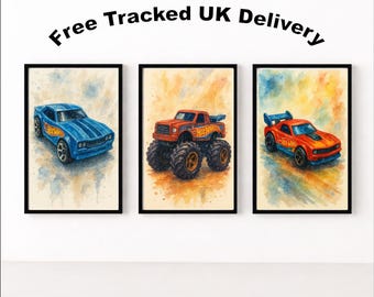 Zestaw 3 plakatów ściennych Hot Wheels w formacie A4 | Plakat do pokoju dziecięcego | Dekoracja ścienna do pokoju zabaw | Matowe wydruki artystyczne