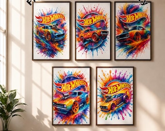 5er Set A4 Hotwheels Wall Art Prints | Kinderzimmer Poster | Spielzimmer Wand Dekor | Matte Kunstdrucke