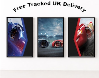3er-Set A3 Autos Lightning Mcqueen & Mater inspirierte Wandkunst | Kinderzimmer Poster | Spielzimmer Wand Dekor | Matte Kunstdrucke