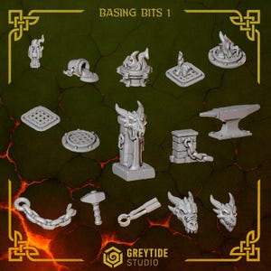 May include: A collection of gray miniature basing bits labeled Basing Bits 1, including a dragon head pillar, an anvil, a hammer, chains, fire braziers, sewer grates, and dragon skulls. These unpainted resin components are designed for tabletop gaming.