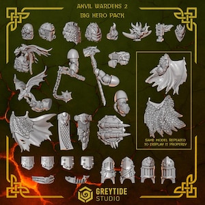 Może przedstawiać: Zestaw szarych żywicznych części do figurek oznaczony jako Anvil Wardens 2 Big Hero Pack od Greytide Studio. Komplet zawiera różne opancerzone głowy, naramienniki, peleryny, broń oraz tarcze z detalami przypominającymi smocze łuski.