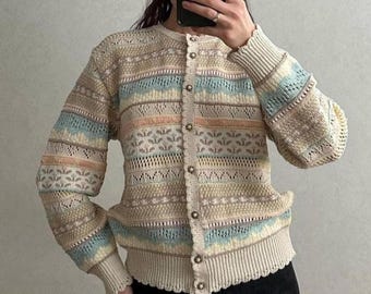 Pastel Crochet Cardigan Vintage 90er Jahre, St Michael Marks and Spencer Pullover, Cottagecore Aesthetic Knitwear, Boho Floral Lace Jacke, UK 10
