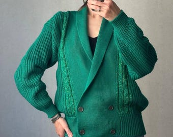 Vintage Smaragdgrüne Doppelreihige Strickjacke, 80er 90er Jahre Schalkragen Zopfmuster Pullover, Schimmernde Grüne Wollmischung, Größe M