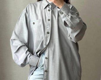 Vintage CORTINA Österreichisches Hemd, Graues Alpenhemd mit Edelweiß bestickt, 80er 90er Jahre Tiroler Trachtenstil, übergroße Herren L/XL, Gorpcore Folk