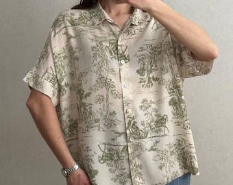 Vintage Made in Italy Toile de Jouy Bluse | 100% Viskose Salbeigrünes Shirt | Pastoraler Druck | Cottagecore Top | Größe L XL