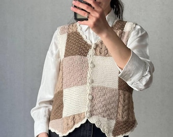 Vintage 90er Jahre Patchwork Strick Weste | Ramie & Baumwolle Erdton Weste | Boho Cottagecore Aesthetic Größe M