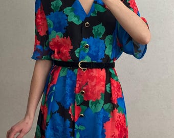 80er Jahre Tropical Floral Shirt Kleid | Powerschulter Tunika ,Made in Germany