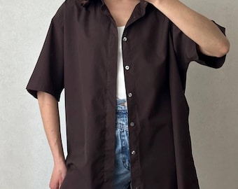 Vintage 90er Jahre Yves Saint Laurent Schokobraunes Oversized Shirt | Alter Geld-Stil | Eingebranntes Detail