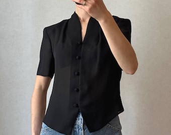 Vintage schwarze Schiere Weste Bluse | Hergestellt in Großbritannien | Dünne Schulterpolster
