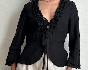Vintage Rocha John Rocha Black Linen Blouse with Ruffles, Romantic Boho Prairie Top, Cottagecore Ribbon Tie Linen Cardigan Jacket, Size M