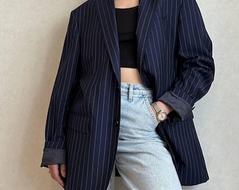 Nadelstreifen Wolle Blazer Marine Blau, Übergroße Vintage 90er Jahre Italienische Anzugjacke, 100% Schurwolle Libero Milano, Dark Academia Aesthetic