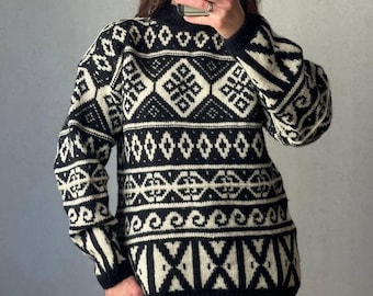 Vintage Nordischer Woll Pullover | Schwarz & Weiß Geometrische Fair Isle Pullover | Hergestellt in Großbritannien | Warmer Winter Strickstoff | Grösse M