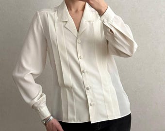 Vintage Creme Plissee Bluse | St Michael 80s Minimalist Shirt Made in UK