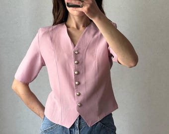 Vintage 90er Jahre Etam Rosa Bluse Made in UK Perlen Knöpfe Pastell Rosa Kurzarm Shirt Romantisches Feminines Top Größe UK 32 M