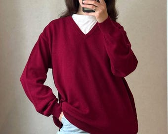Vintage 90er Jahre Burgunder Wollpullover, Lester Bowden Pullover mit V-Ausschnitt, Altes Geld Ästhetischer Dark Academia Pullover, 100% Reine Wolle