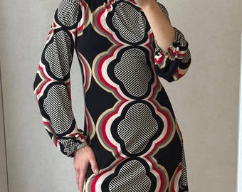 Vintage Viskose Kleid | Made in England Vintage 70er Jahre Mod Mini | John Zack Geometrischer Druck | Retro Y2K Stehkragen