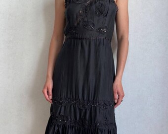 Vintage 100% Silk Black Slip Dress with Beaded Lace Trim, Loona Paris Grunge Gothic Layered Cami Dress, Whimsigoth Ruffle Hem Size XS S