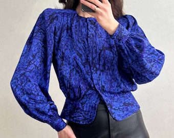 Vintage 80er Jahre Royal Blau Abstrakt Print Bluse von Jacques Vert | Puffärmel und maßgeschneiderte Taille