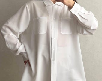 Vintage Berkertex Weiße Bluse | 90er Jahre Minimalistisches Button Down Shirt | Britische Vintage-Kleidung | Übergroßes Top | L XL Größe