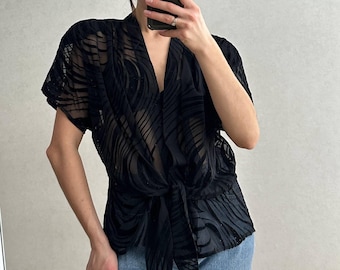 Vintage 90er Jahre Masai Copenhagen Schiere Devore Bluse | Schwarzes abstraktes Ausbrenner Samt Top | Skandinavischer Boho-Chic | Plus Size XL