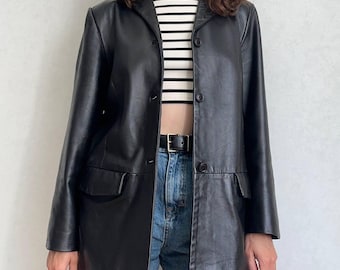 Vintage 90s Leather Blazer Jacket Black, Genuine Leather Suit Jacket, Conbipel Italian Leather Coat Unisex, Y2K Minimalist Leather Trench M