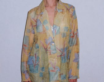 Vintage 90er Jahre AZAR London Abstrakt Bluse Jacke | Hergestellt in Großbritannien Crinkle Plissee Shirt | passt S-L | Künstlerische Erdtöne