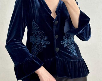 Odd Molly Samt-Cardigan-Jacke | Navy Blue Stickerei, Korsett Zurück, Schößchen Saum