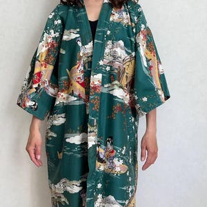 Vintage japansk bomulls kimono morgonrock smaragdgrön geisha-tryck, 1970-tals bomulls yukata morgonrock, japansk dusterjacka, tillverkad i Japan