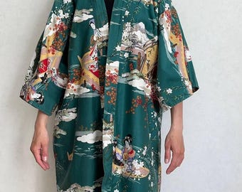 Vintage Japanischer Baumwoll Kimono Robe Smaragdgrün Geisha Print, 1970er Jahre Baumwoll Yukata Morgenmantel, Japanische Duster Jacke, Hergestellt in Japan
