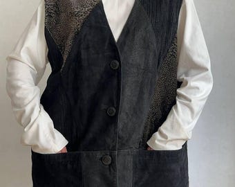 90er Jahre Vintage Leder Sound Patchwork Weste | Echtes Schweins-Velourleder & 100% Baumwollcord | Multi-Textur-Grunge-Ästhetik | Größe 48