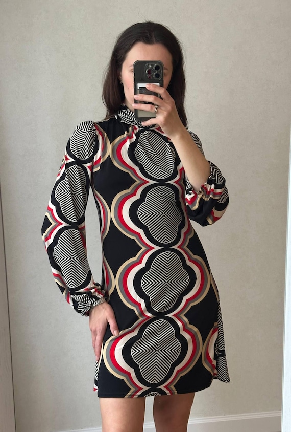 Vintage Viscose Dress | Made in England Vintage 70s Mod Mini | John Zack Geometric Print | Retro Y2K High Neck